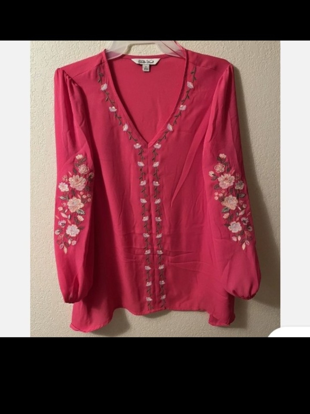 The Pioneer Silky Lightweight Hot Pink Embroidered V-Neck Blouse